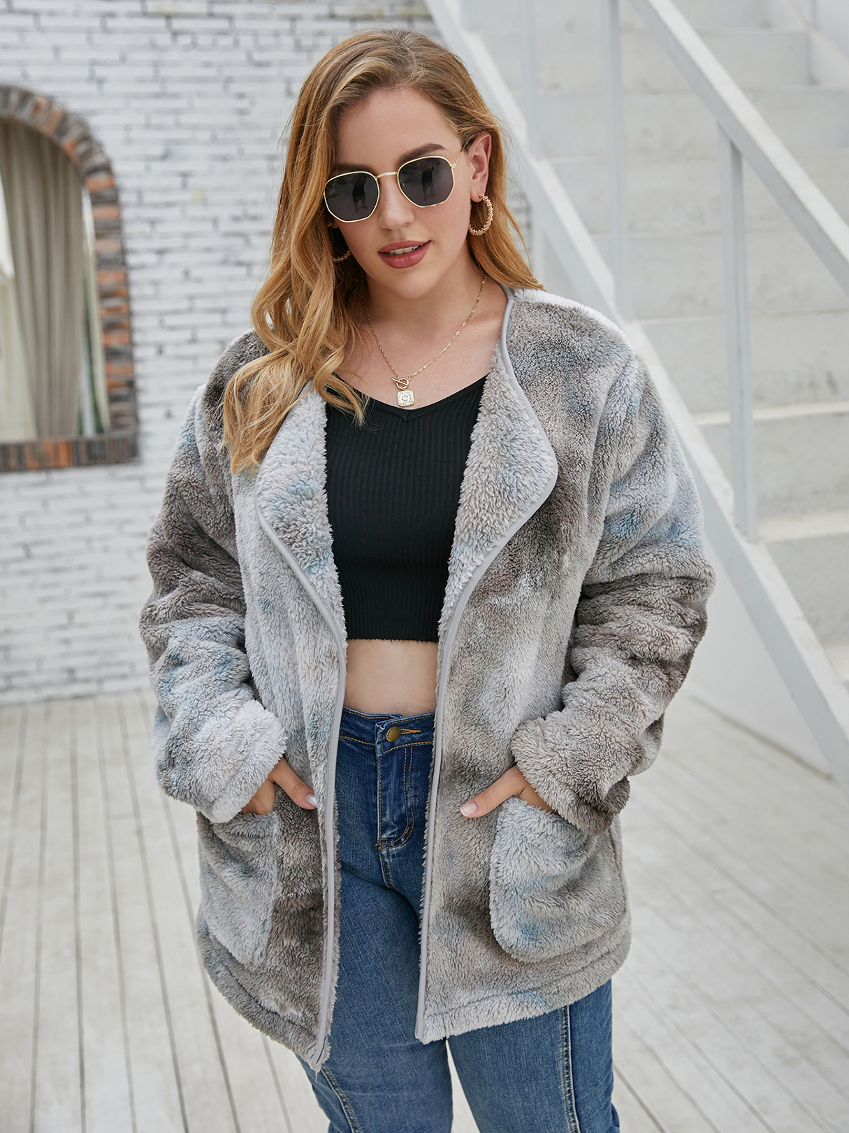 Plus Size Lapel Collar Tie Dye Pocket Design Long Sleeves Coat