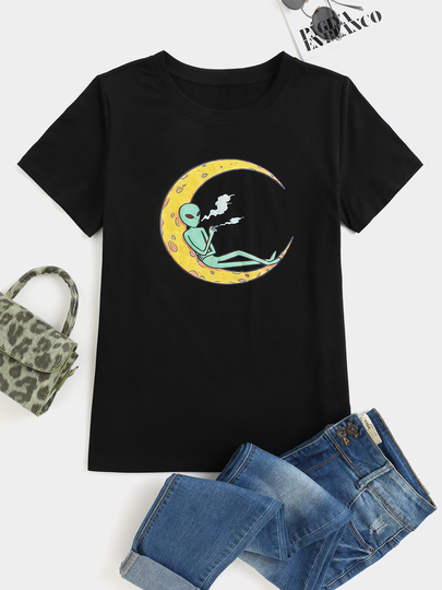 YOINS Black Alien & Moon Print Crew Neck Short Sleeves Tee