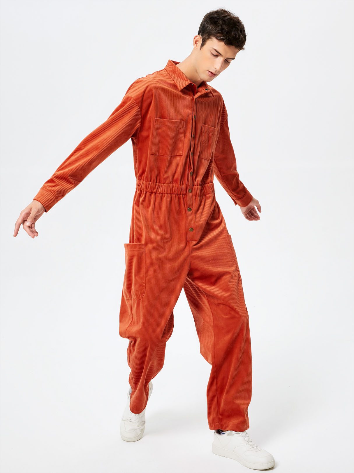 Men Fashion Plain Button Front Long Sleeve Overalls Jumpsuit