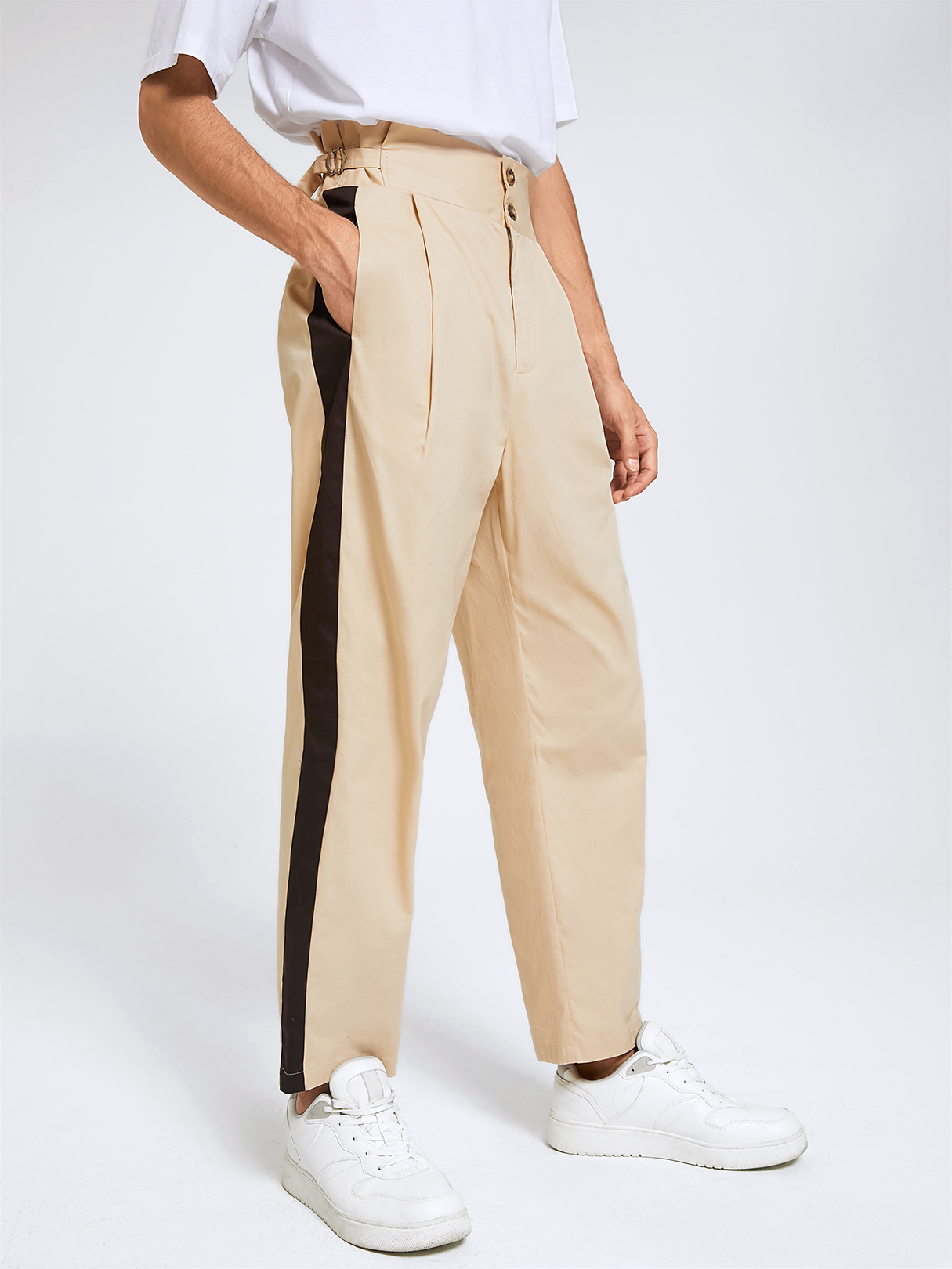 Men Vintage Side Color Block Design Zip Front High Waist Casual Pants