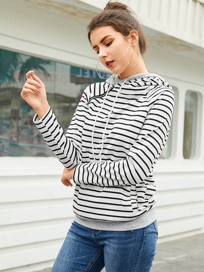 YOINS White Side Pockets Stripe Long Sleeves Hoodie