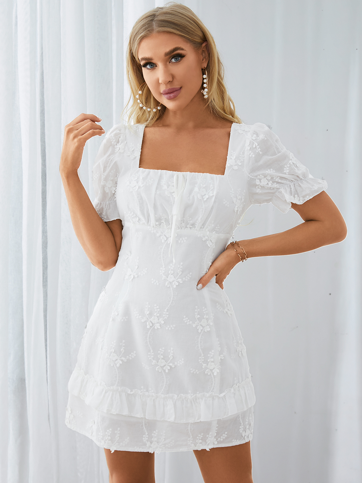 YOINS White Square neck Tie-up design Short sleeves Mini Dress