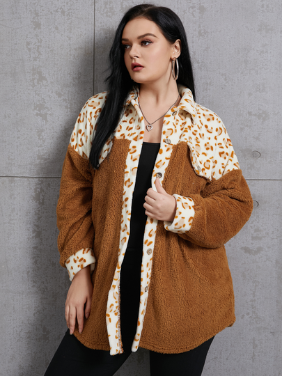 YOINS Plus Size Lapel Collar Leopard Patchwork Design Long Sleeves Jacket
