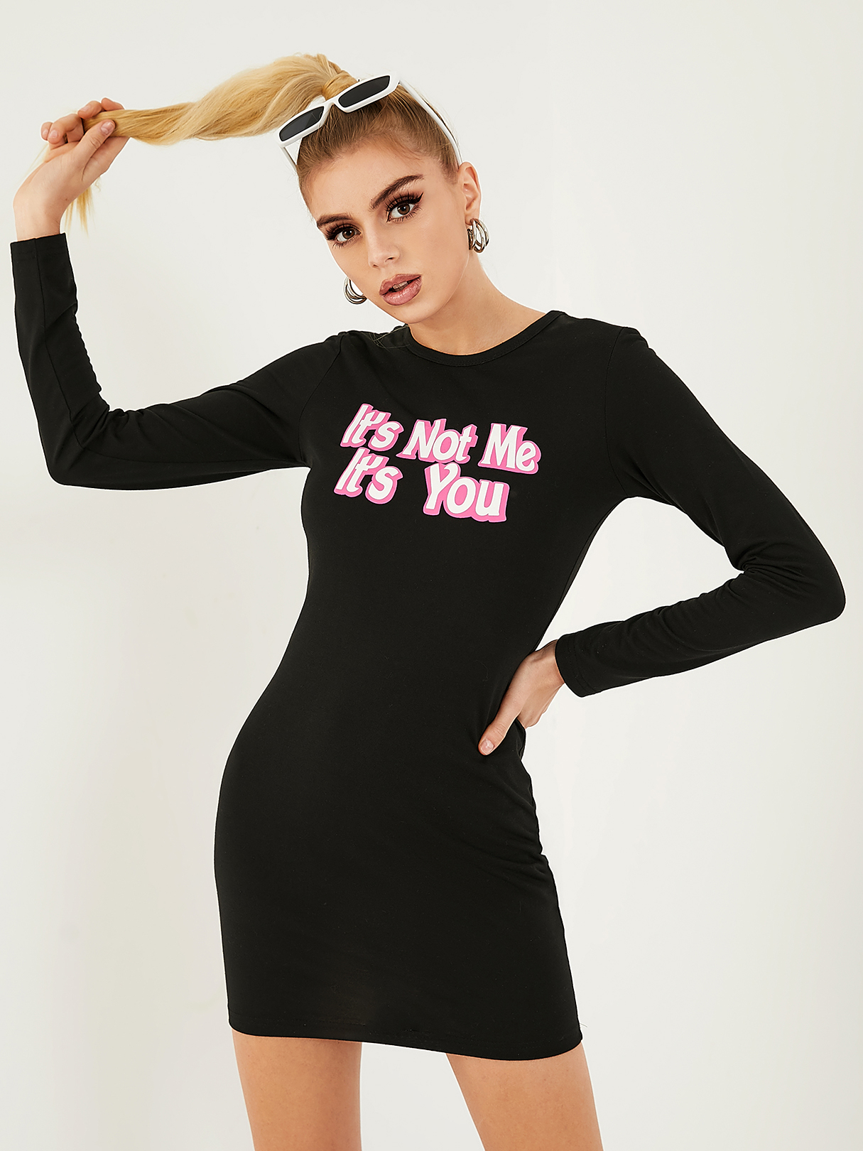 YOINS Round neck Letter Long sleeves Mini Dress