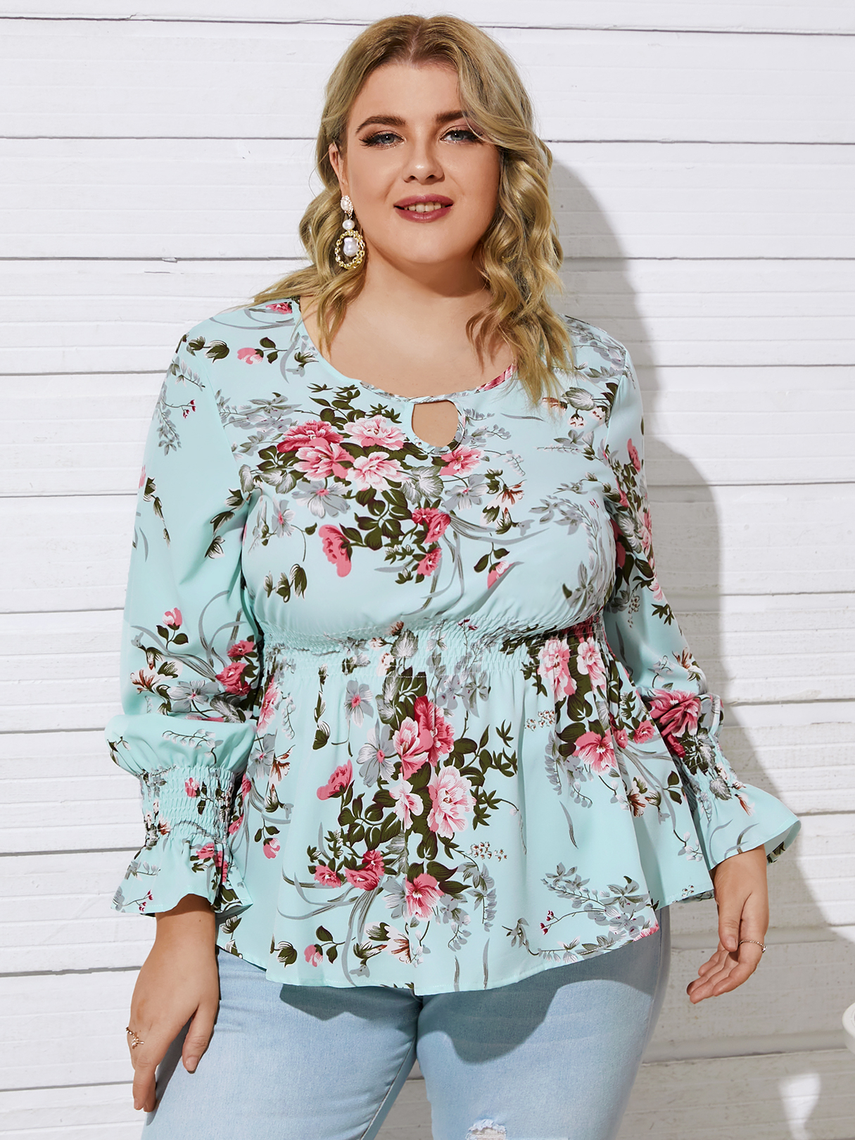 Plus Size Round Neck Floral Print Shirring Cut Out Long Sleeves Blouse