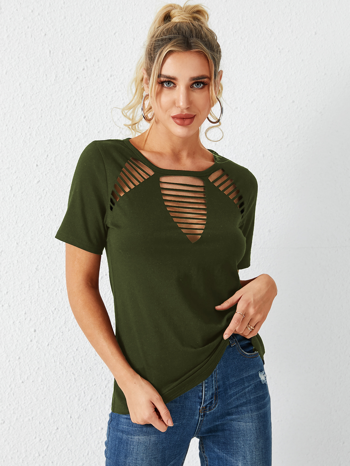 YOINS BASICSHollow Design Round Neck Short Sleeves Tee