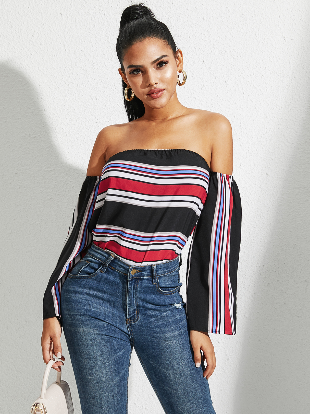 YOINS Multicolor Striped Off The Shoulder Bell Sleeves Top