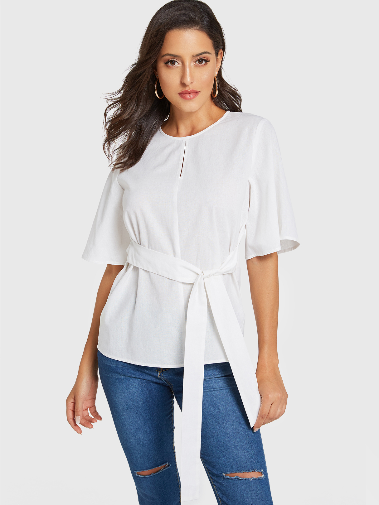 YOINS White Round Neck Half Sleeves Self-tie Design Blouse