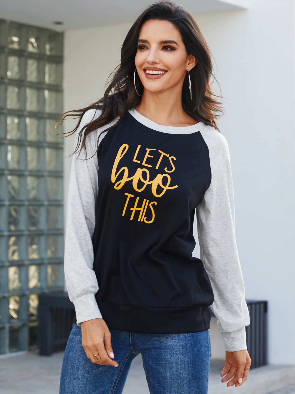 YOINS Black Letter Round Neck Long Sleeves Tee