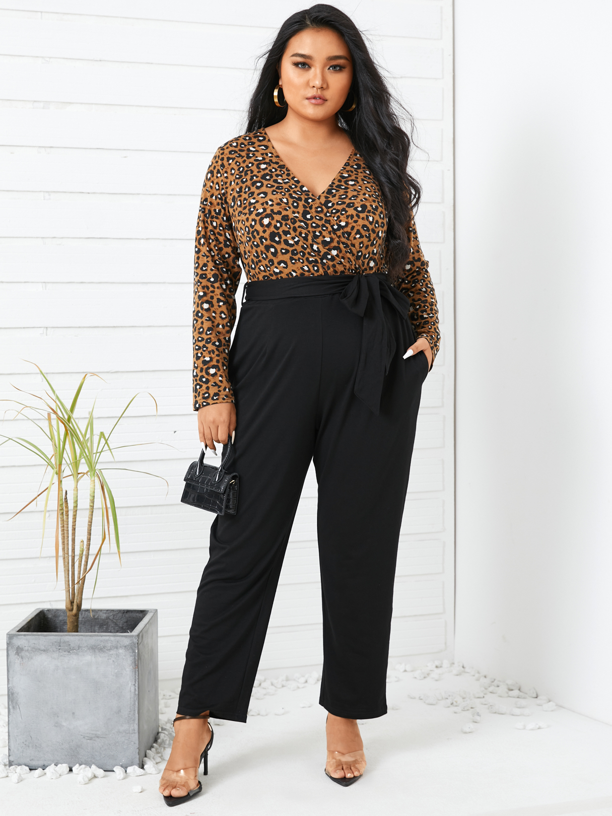 YOINS Plus Size V-neck Leopard Belt Design Long Sleeves Jumpsuit