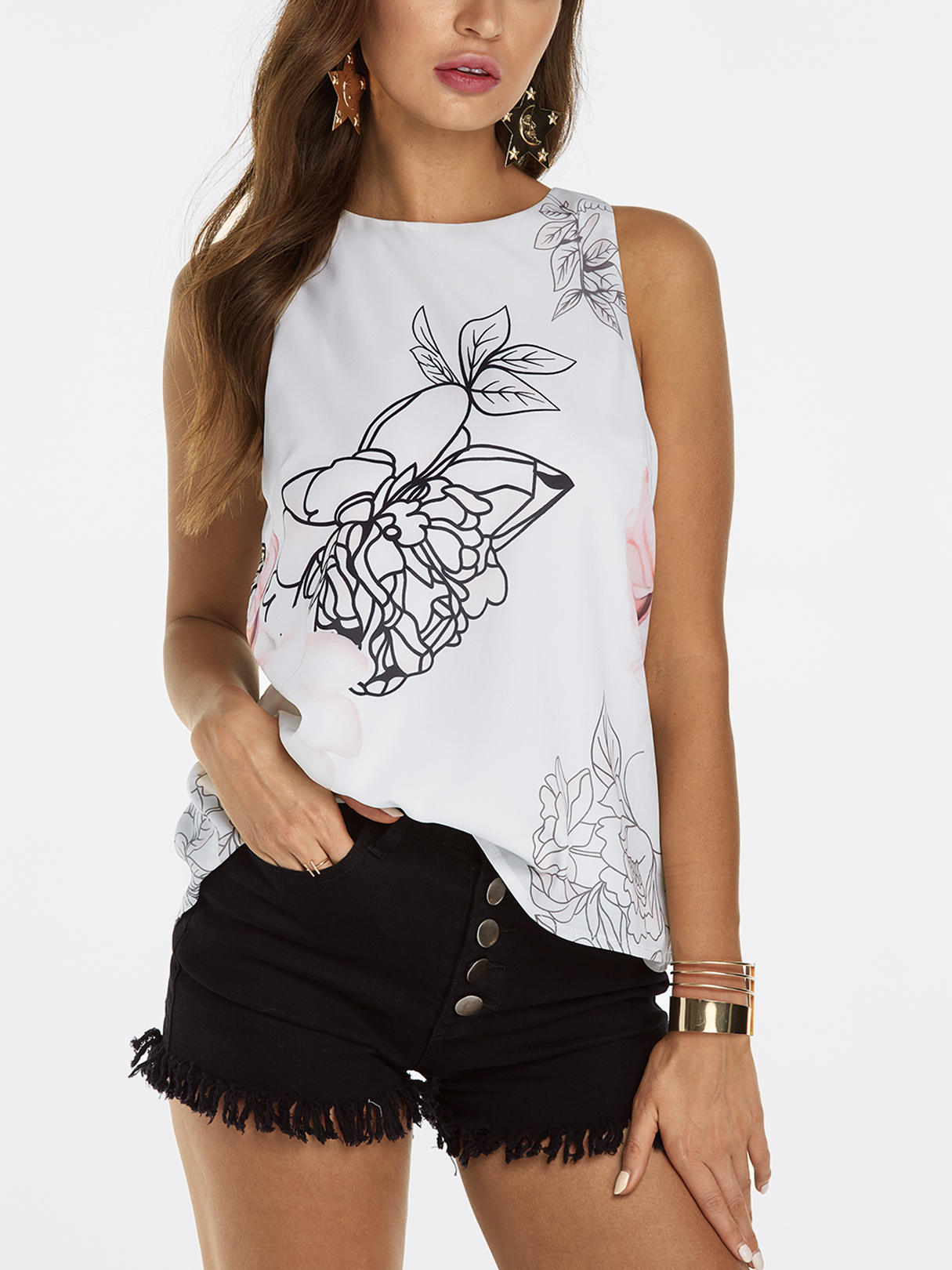 White Slit Design at Back Random Floral Print Sleeveless Tank Top
