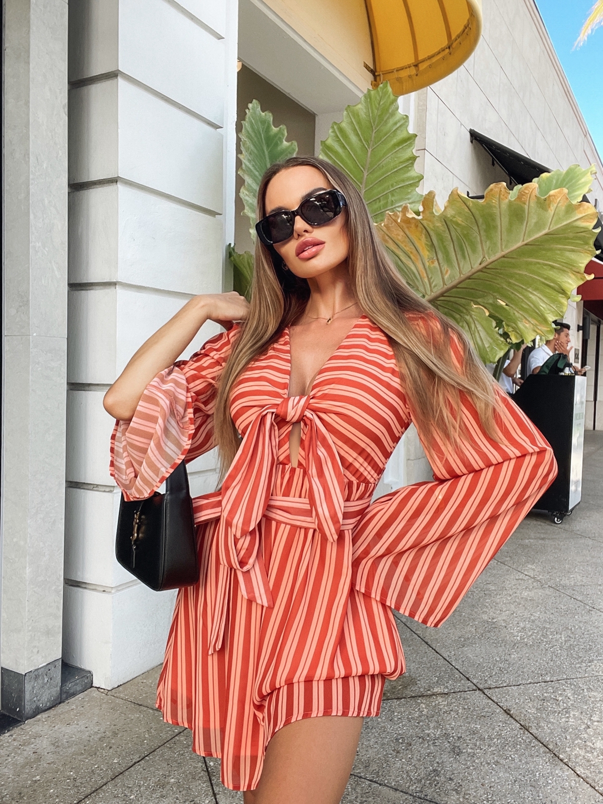 YOINS Orange V-neck Striped Tie-up design Bell sleeves Mini Dress