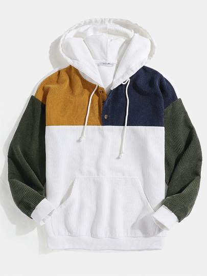 ChArmkpR Men Patchwork Pocket Button Corduroy Hoodie