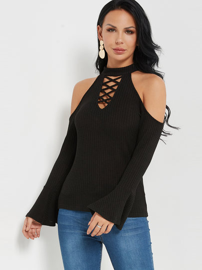 Black Lace-up Design Halter Bell Sleeves Knitted Top