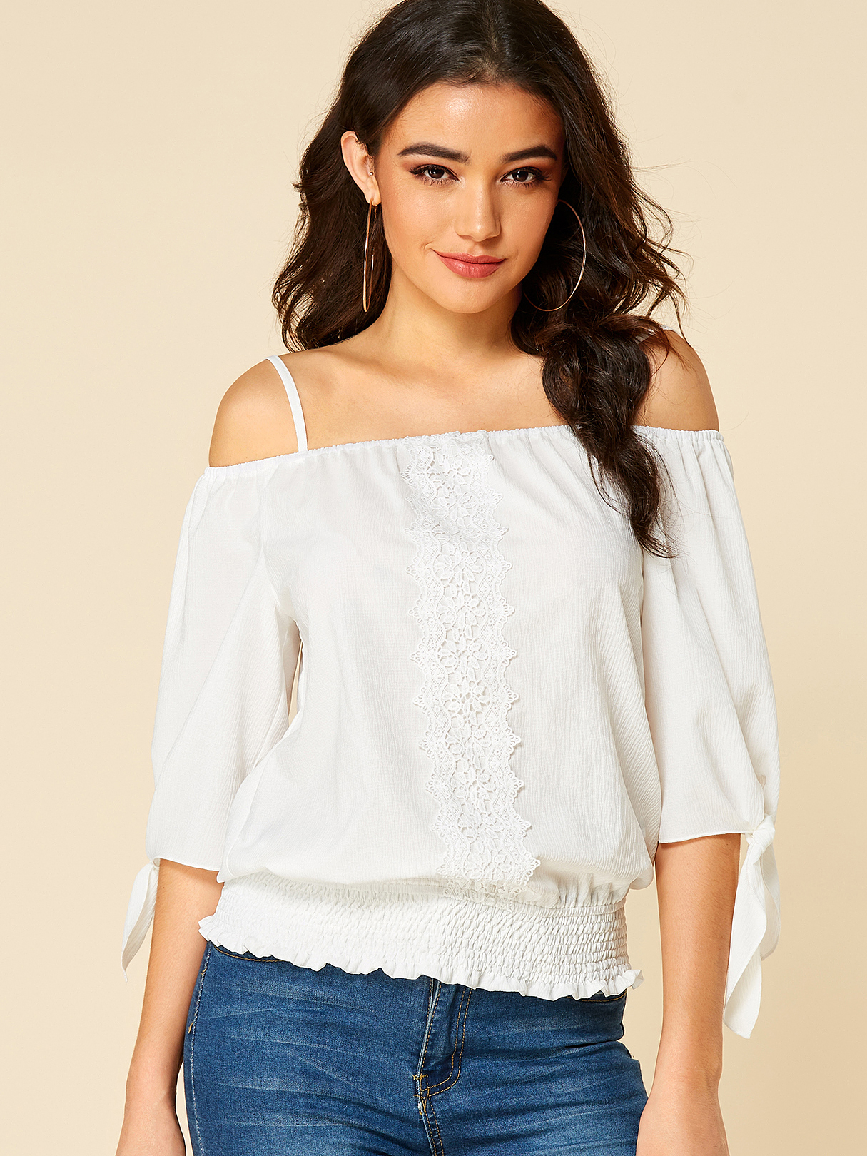 YOINS White Smocking Off The Shoulder Half Sleeves Blouse