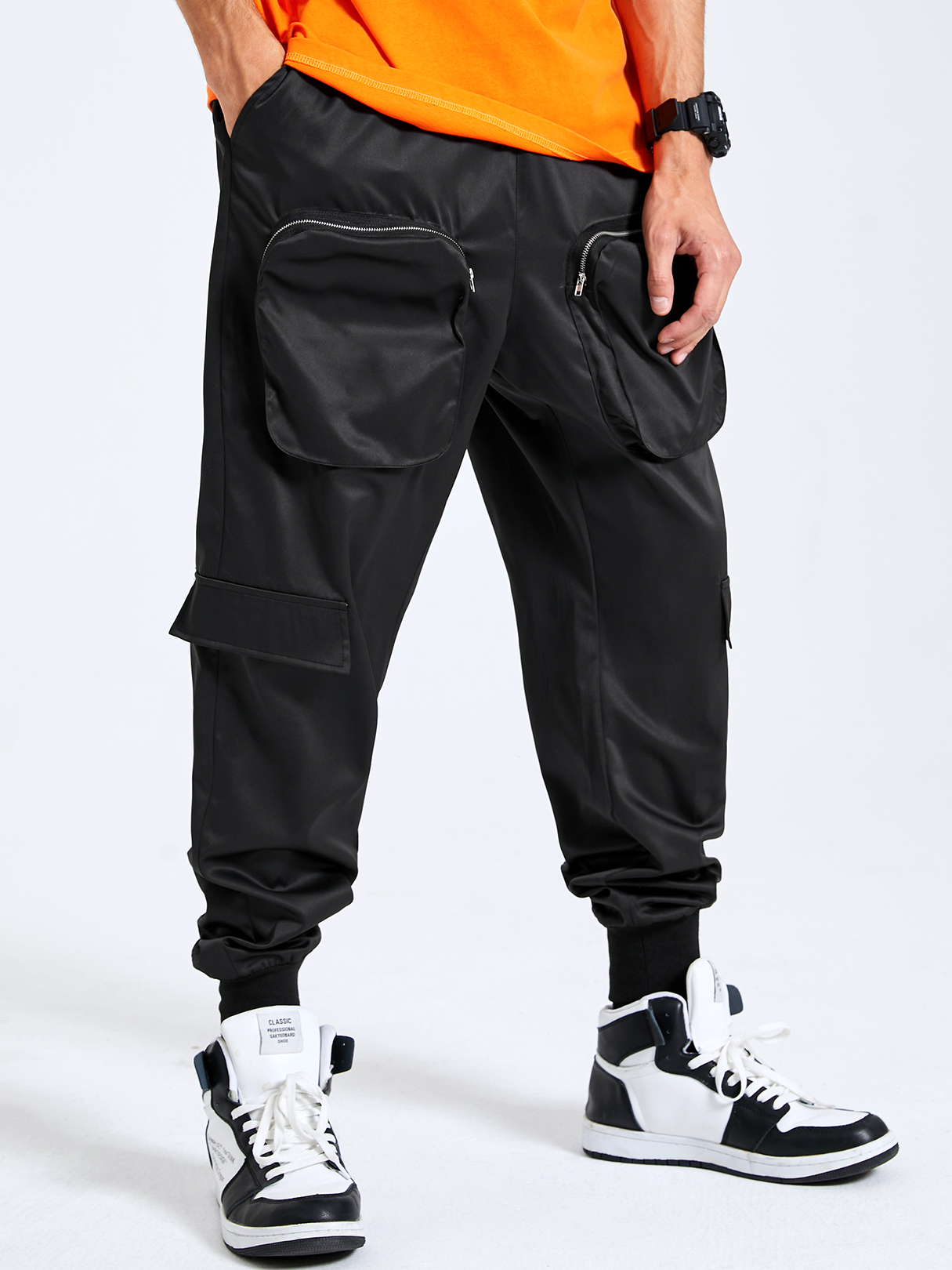 Men Casual Plain Multi-Pocket Drawstring Waist Cargo Pants
