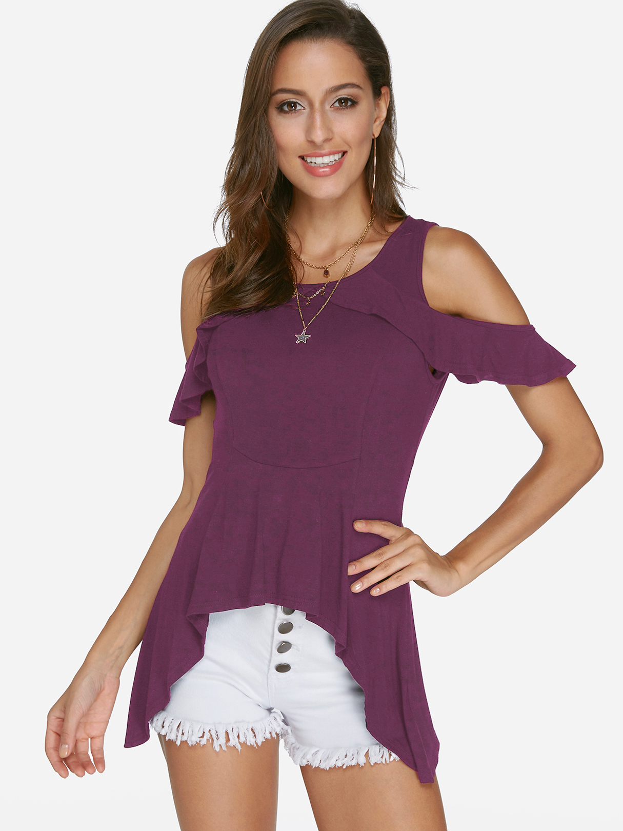 Purple Cold Shoulder Tee With Irregular Hem