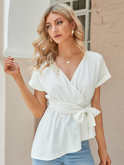 Wrap Design V-neck Short Sleeves Blouse