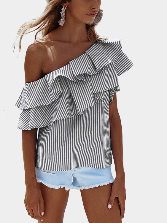 Black Sexy Stripe Pattern One Shoulder Flouncy Details Top