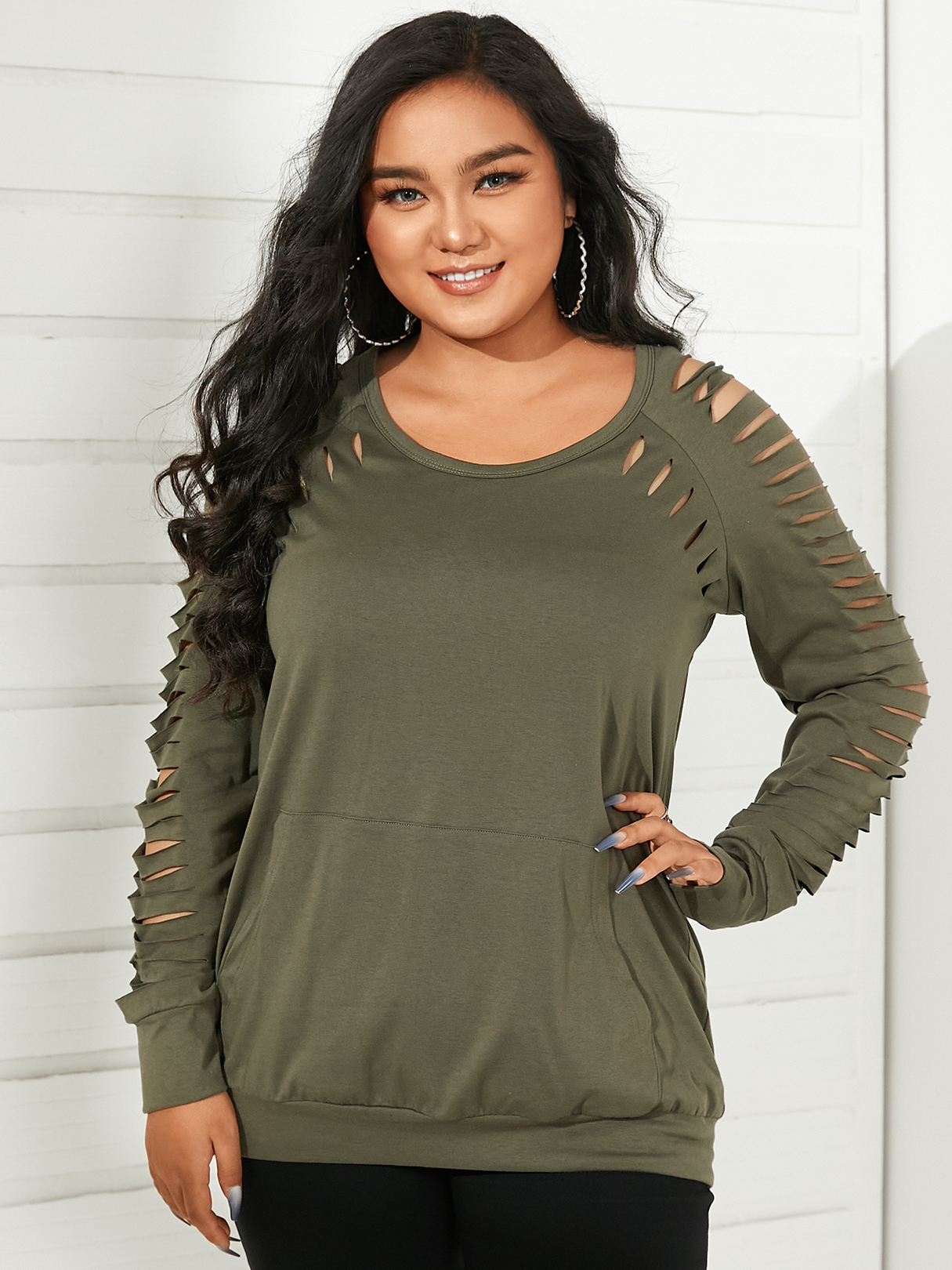 YOINS Plus Size Round Neck Side Pockets Cut Out Long Sleeves Sweatshirt