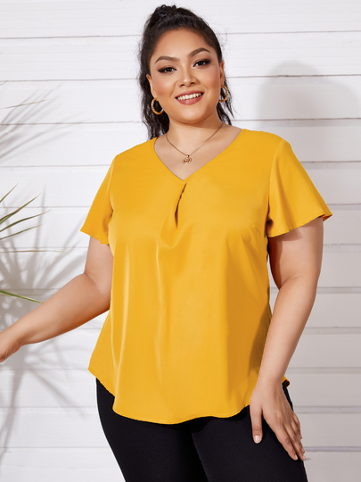 YOINS BASICS Plus Size Pleated V-neck Short Sleeves Blouse