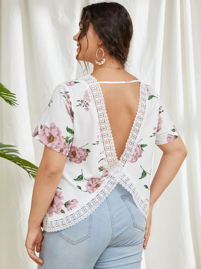 YOINS Plus Size Floral Print Backless Design Short Sleeves Blouse