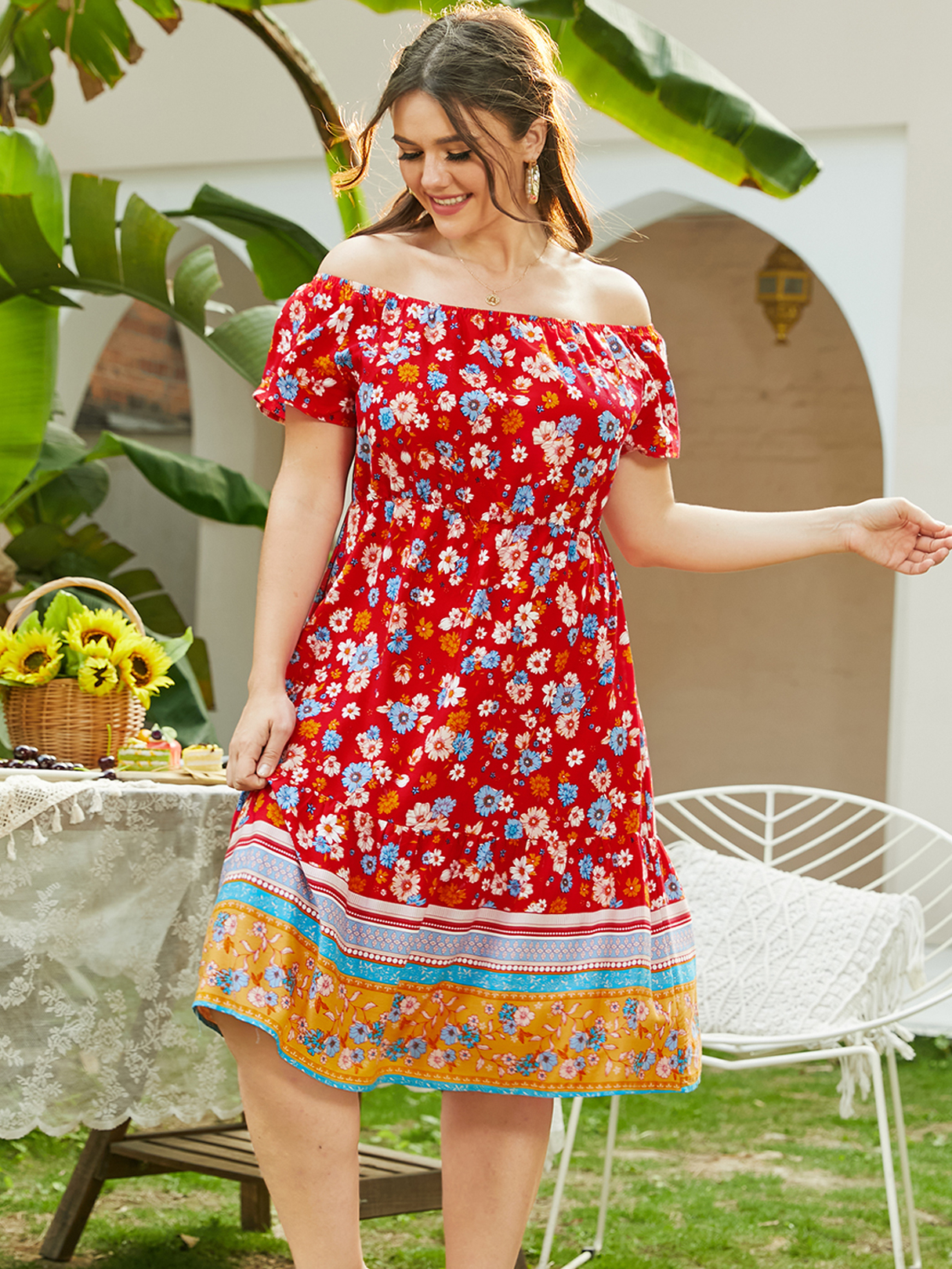 YOINS Plus Size Off The Shoulder Tribal Elastic Waist Short Sleeves Dress