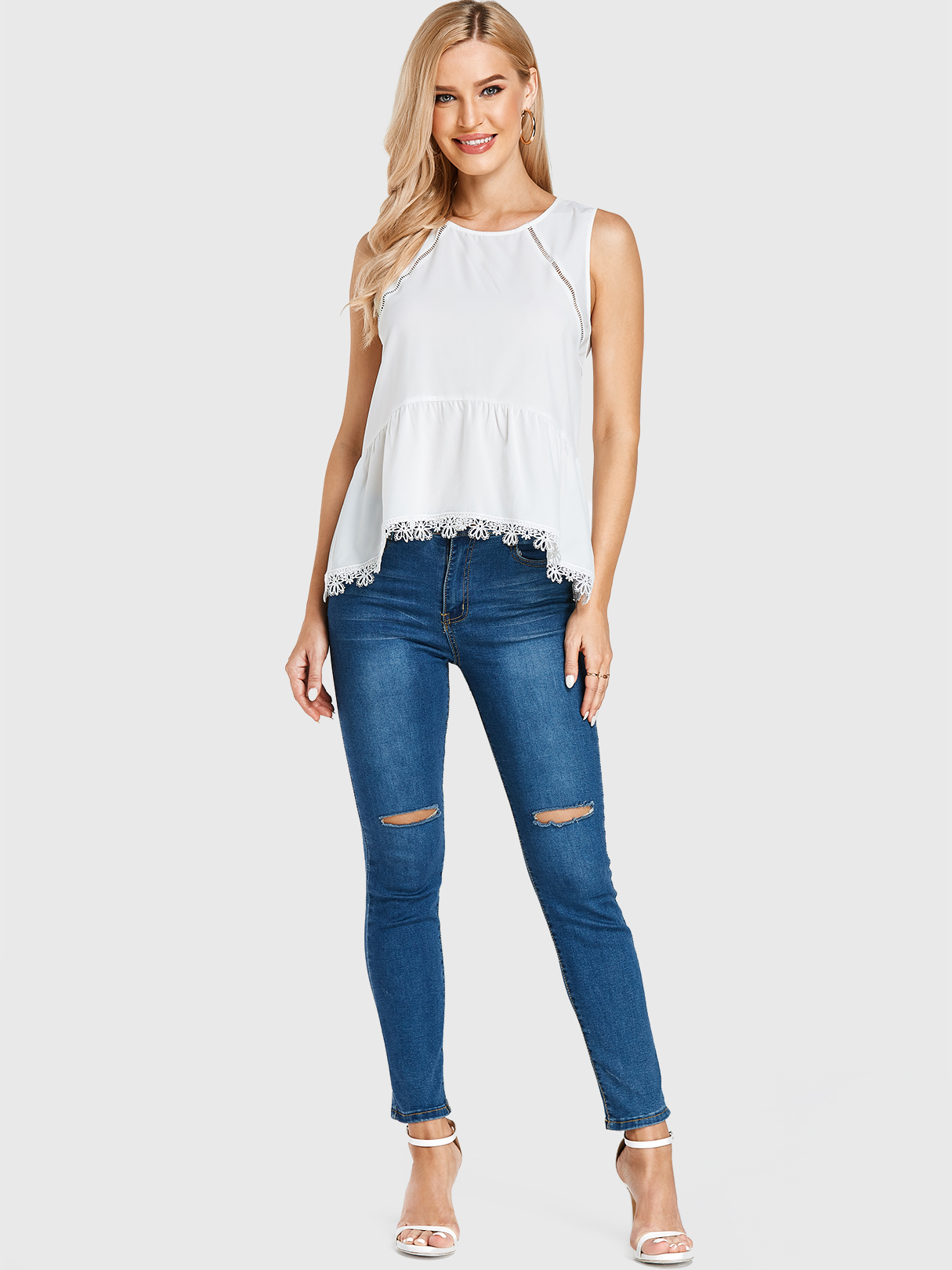 YOINS White Chiffon Crochet Lace Embellished Round Neck Cami