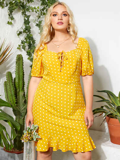 YOINS Plus Size Polka Dot Lace-Up Design Ruffle Trim Short Sleeves Dress