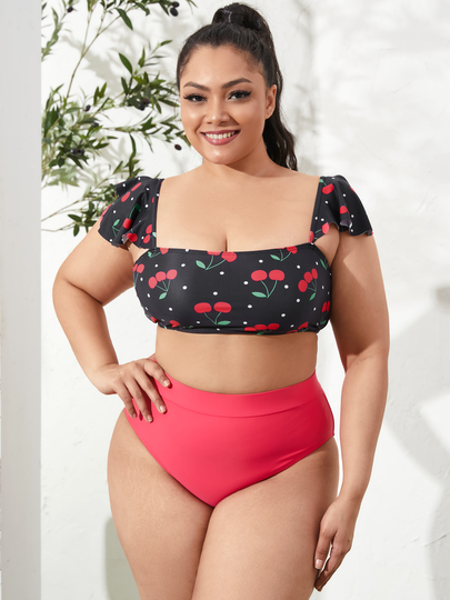Plus Size Square Neck Print Backless Design Short Sleeves Bikini Swimwear