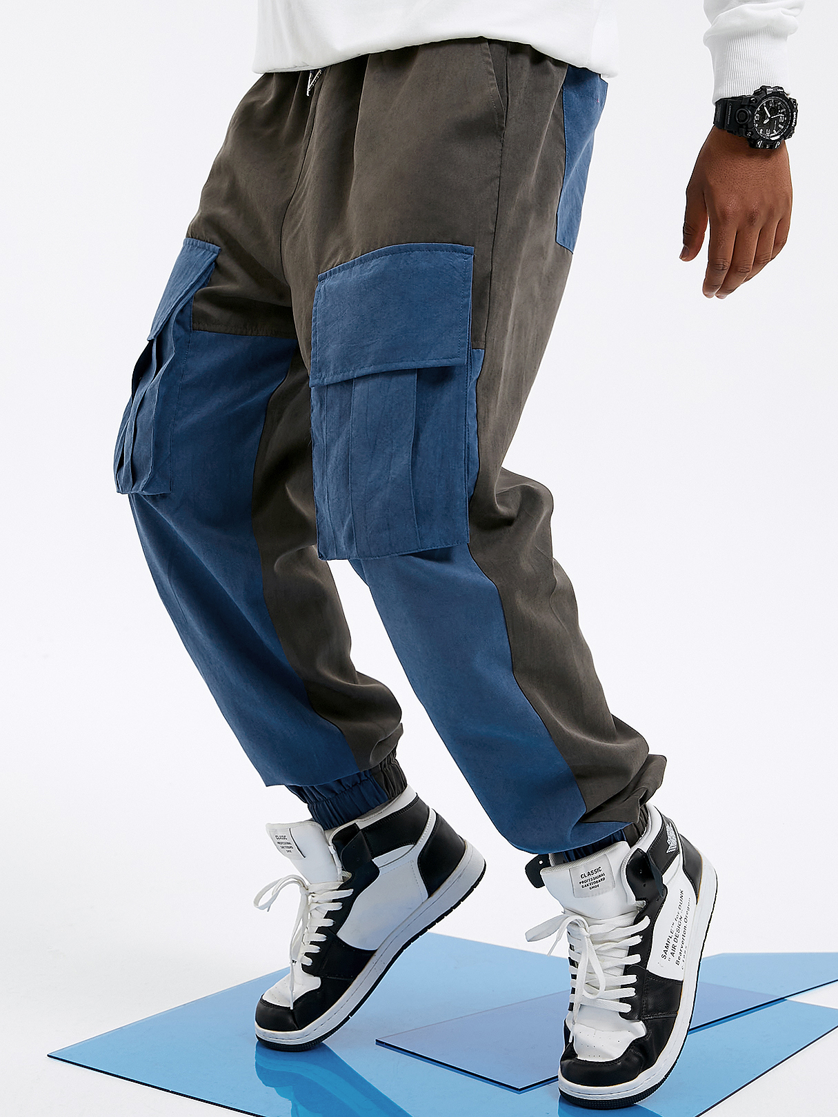 Men Casual Color Block Splice Multi Pockets Drawstring Cargo Pants