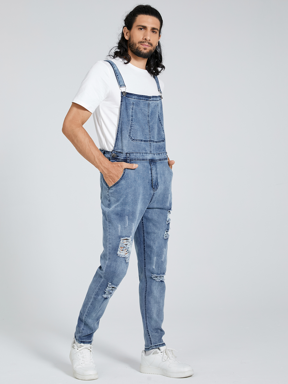 Men Hip Hop Style Ripped Sleeveless Denim Suspender Rompers Overalls Jumpsuit
