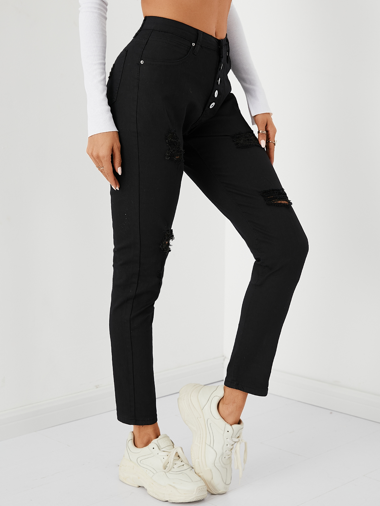 Black Side Pockets Button Front Denim Pants