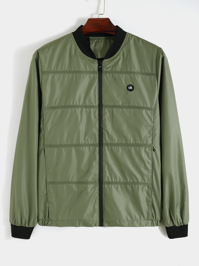 KOYYE Men Casual Badge Zipper Baseball Collar Jacket