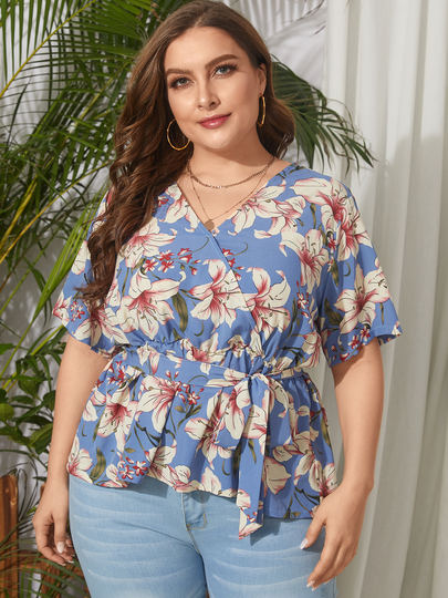Plus Size V-neck Floral Print Belt design Wrap design Short Sleeves Blouse