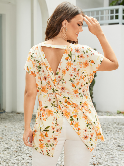 YOINS Plus Size Floral Print Cut Out Twist Short Sleeves Blouse