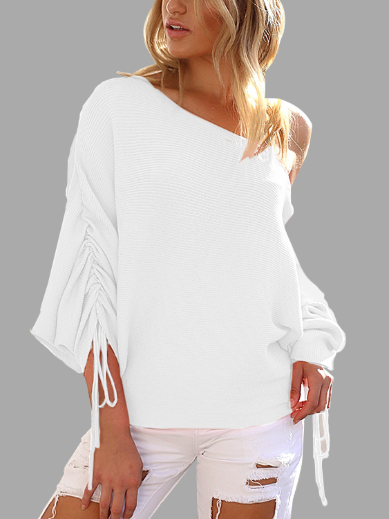 White Lace-up Design One Shoulder Long Sleeves Sweaters
