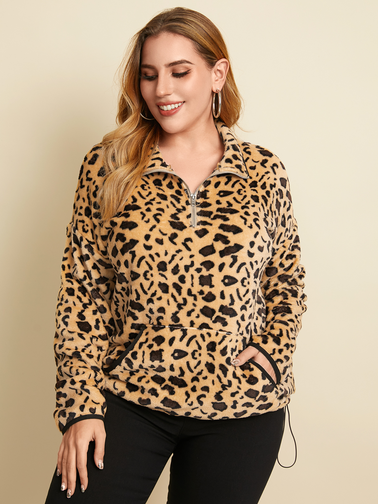 YOINS Plus Size Leopard Side Pockets Zip Front Long Sleeves Sweatshirt