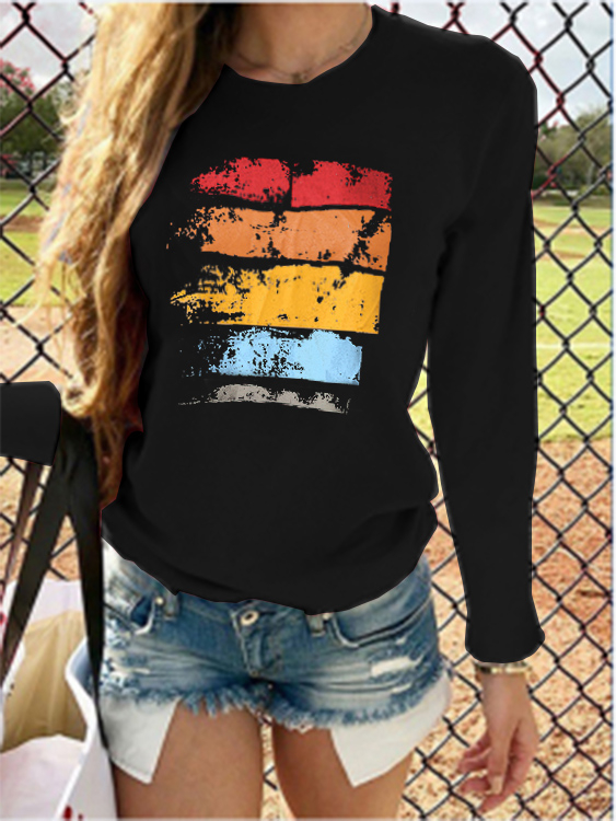 YOINS Color Block Print Crew Neck Long Sleeves Tee