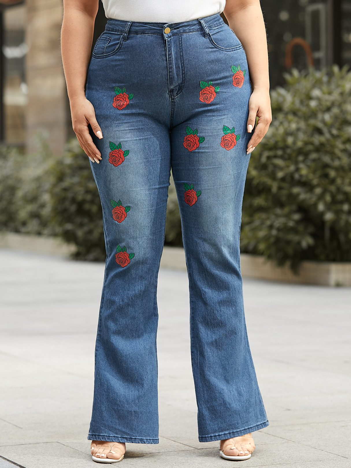 Plus Size Floral Print Pocket Design Button Design Pants
