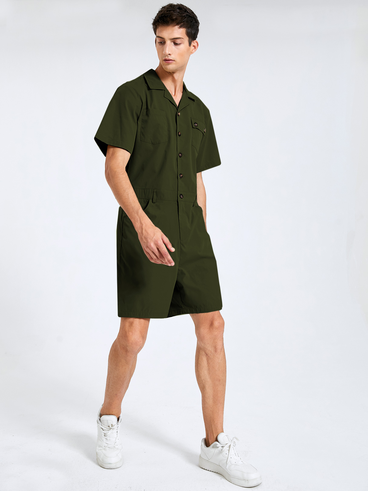 Men Fashion Plain Button Design Short Sleeves Jumpsuit