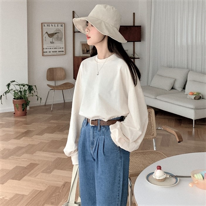 MERONGSHOP - Cuff-Sleeve Round-Neck Plain Top - Orange/One Size