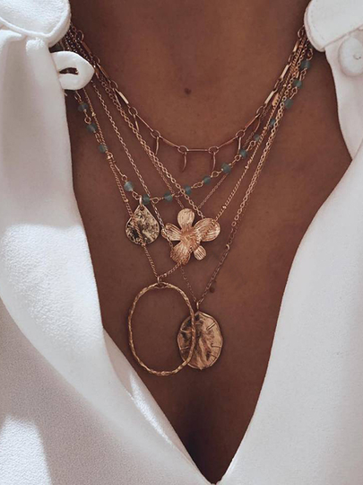 Gold Geometric Floral Multi-layer Necklace