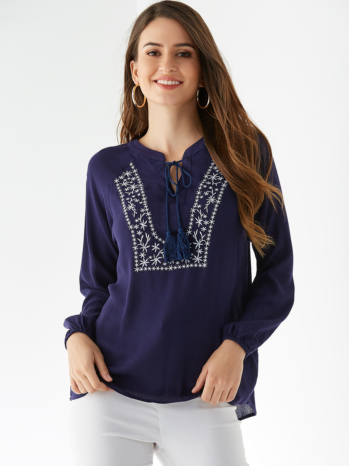 YOINS Navy Round Neck Tie-up Design Long Sleeves Blouse