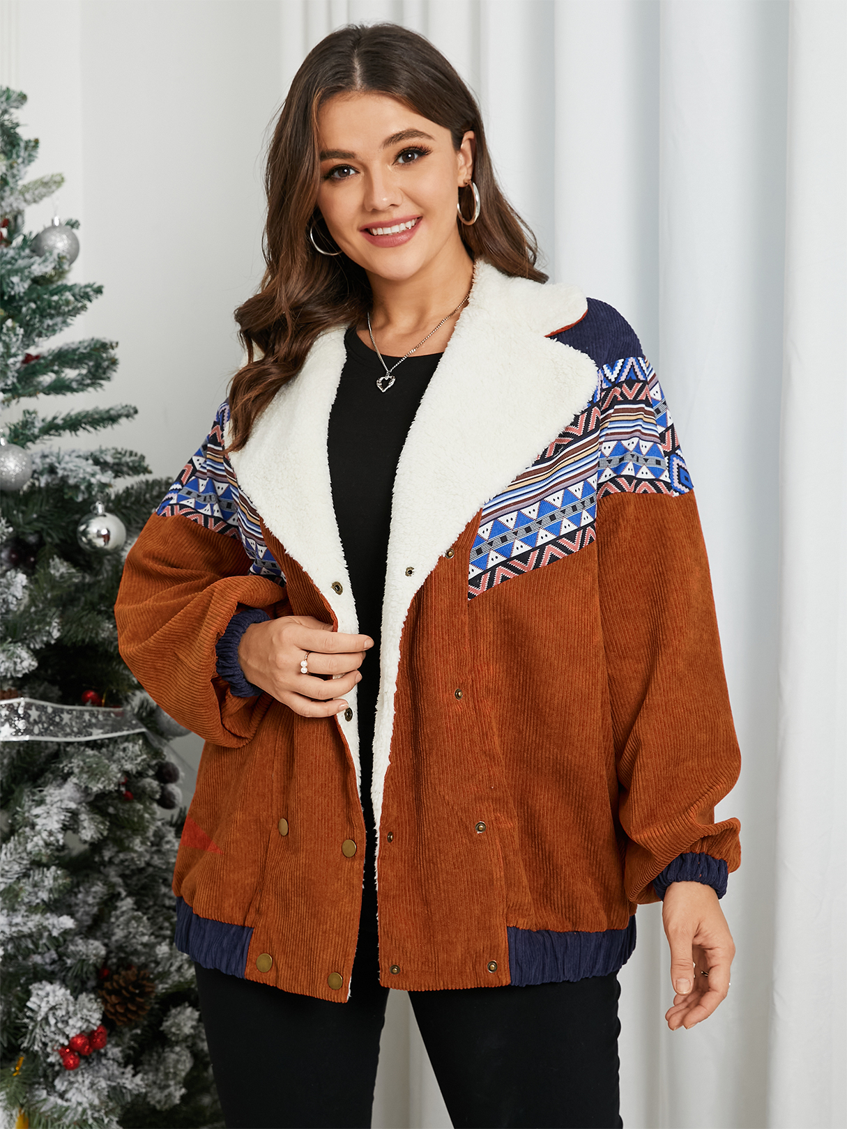 YOINS Plus Size Notch Collar Tribal Front Button Christmas Patchwork Design Long Sleeves Coat