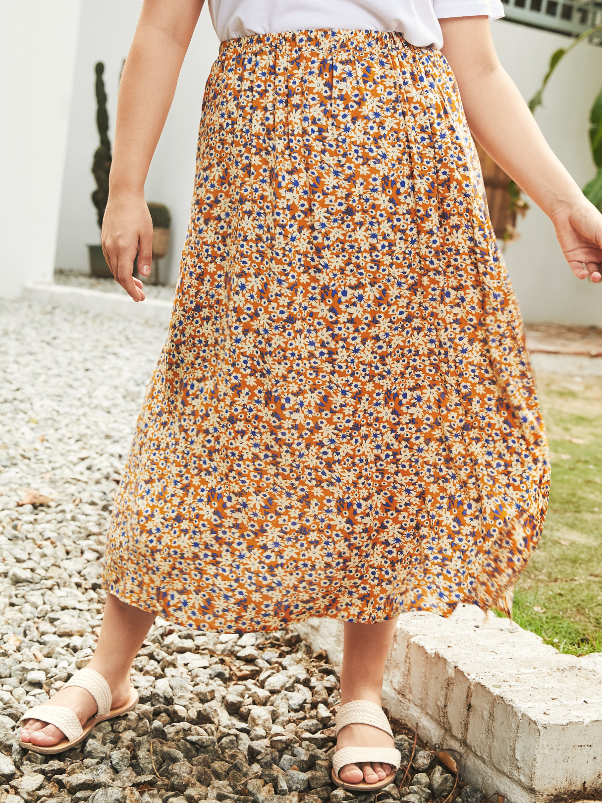 YOINS Plus Size Orange Calico Elastic Waist Skirt
