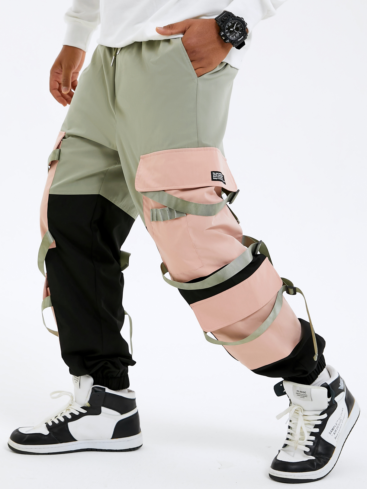 Men Hip Hop Street Style Color Block Splice Ribbon Design Cargo Pants