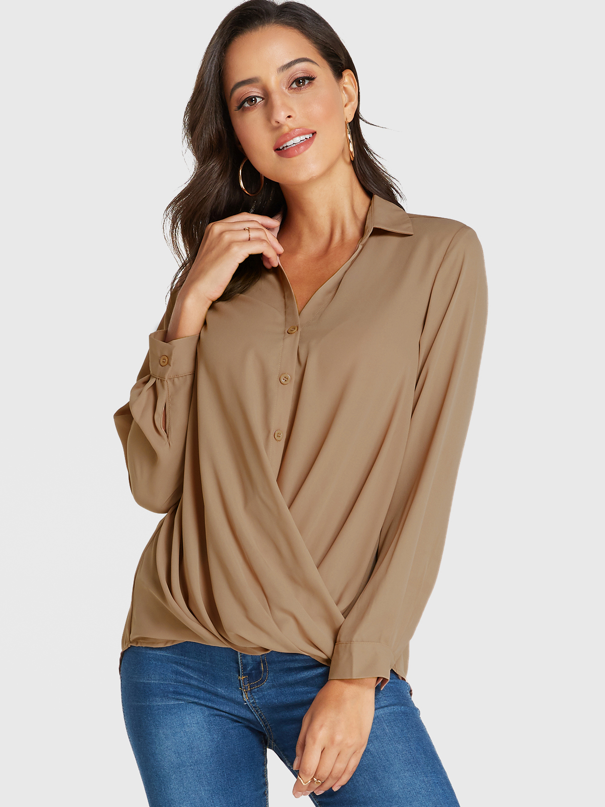YOINS Khaki Crossed Front Design Revere Collar Long Sleeves Blouse