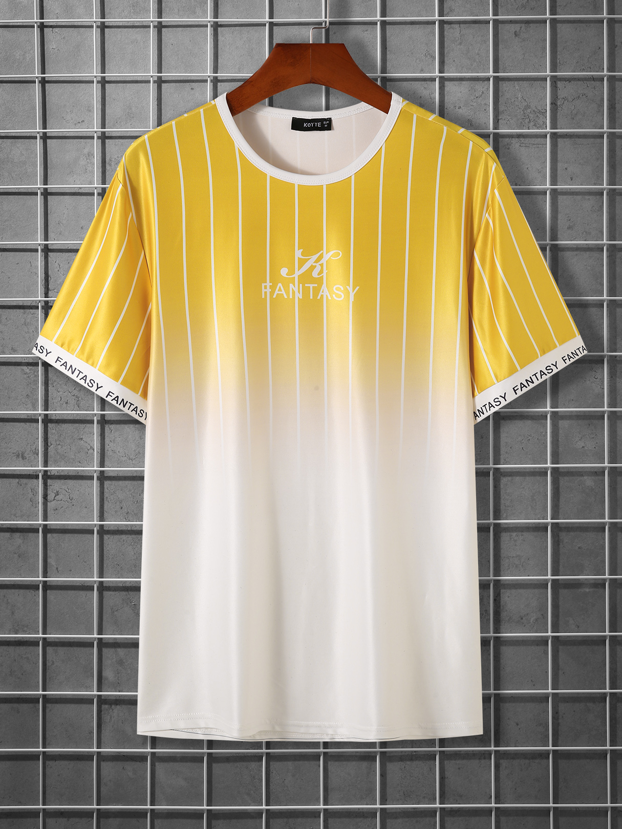 KOYYE Men Casual Letter Striped Print Ombre T-Shirt
