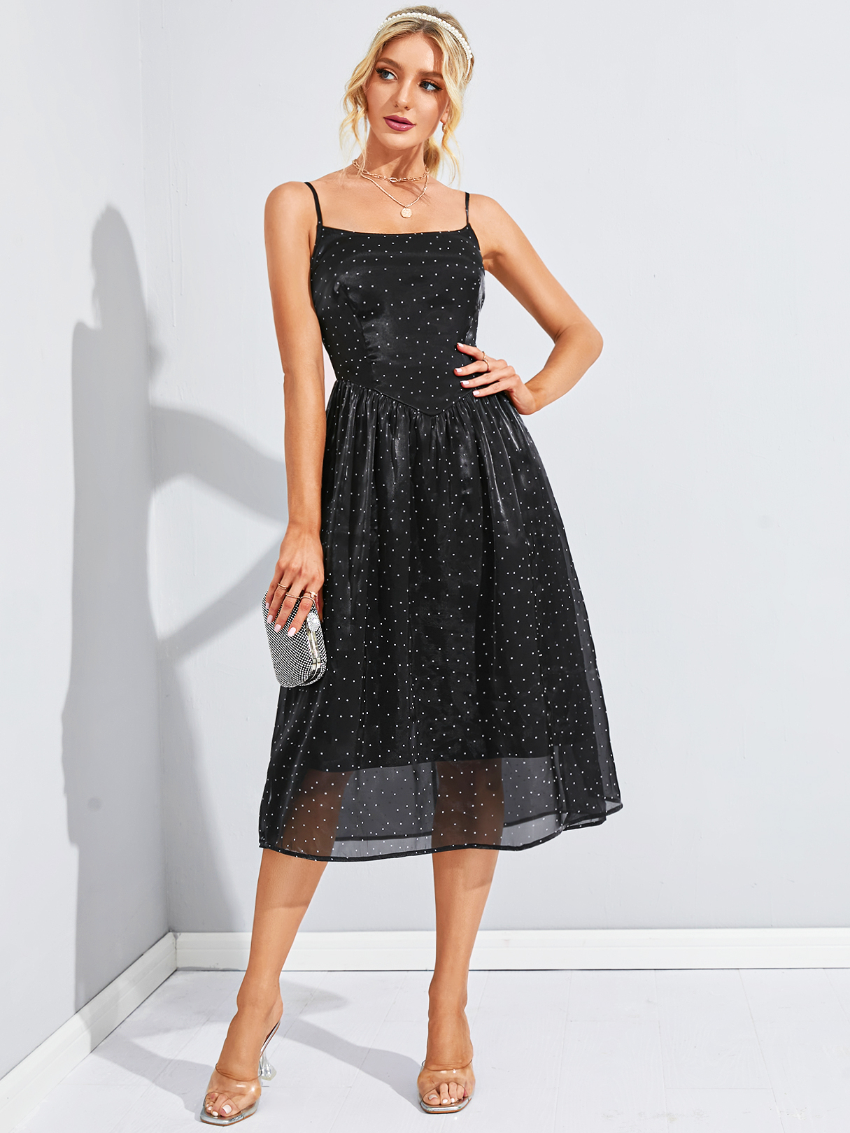 YOINS Black Mesh Polka dot With Lining Midi Dress